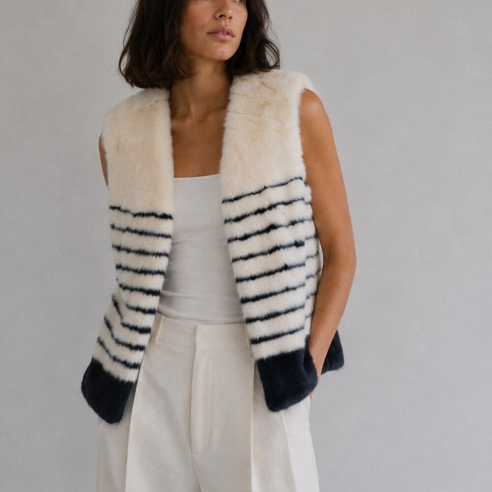 Loro Piana Mink Vest Womens M Striped Sleeveless Baby Cashmere Silk